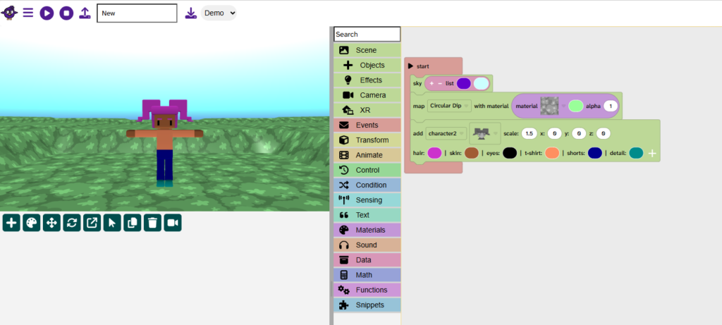 A start block contains a sky, map and character block and this creates a character in a 3D scene.