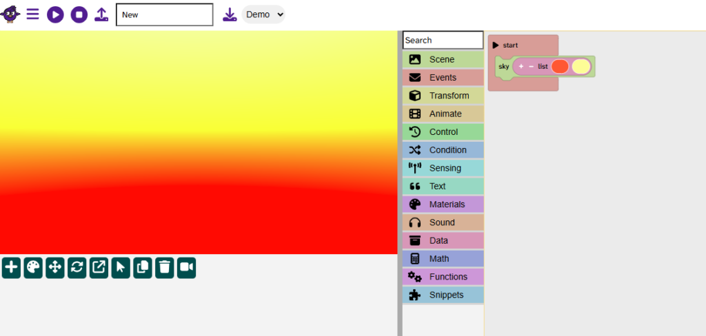 A start block with a sky block and list of colours block to make a gradient sky.