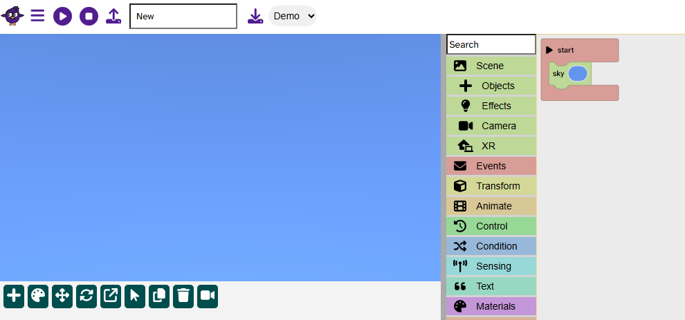 A sky block inside a start block creates a blue sky in the canvas.