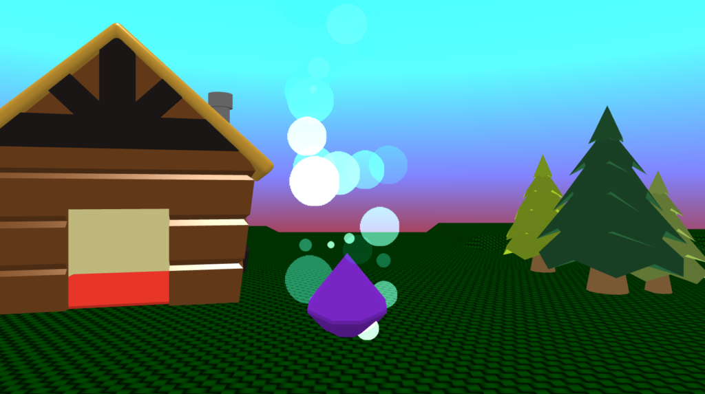 A 3D scene created in Flock XR. There is a log cabin with a flickering fire and some trees.