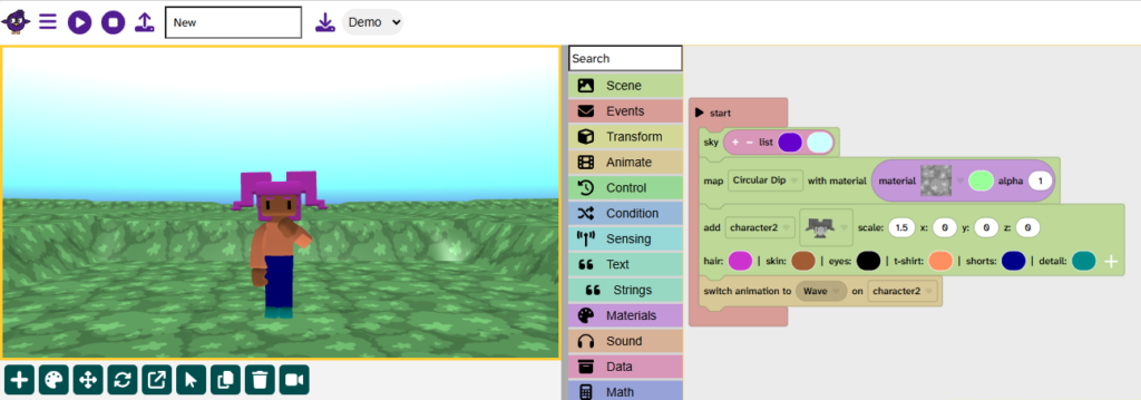 A start block contains a sky block, map block, add character block and switch animation block. The character waves in the scene.