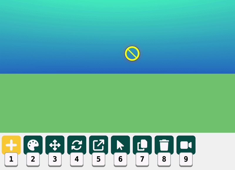 A gif of the Flock XR canvas with a yellow no entry sign when the cursor is in the sky. The cursor moves down to the ground and across to the left then enter is pressed and a tree appears.