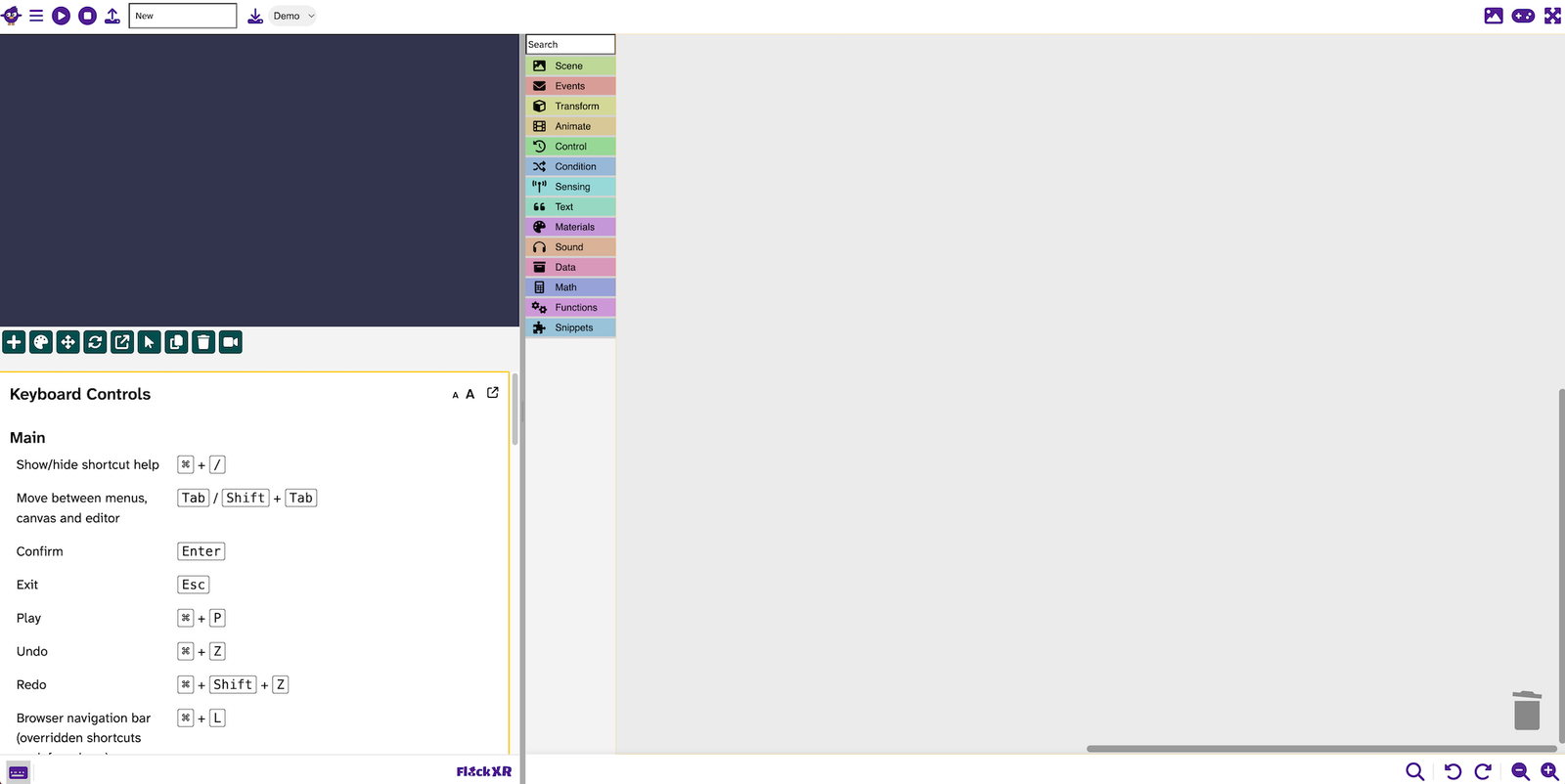 The Flock XR interface with the keyboard menu icon in the bottom left highlighted and the keyboard controls menu expanded in the space below the canvas.