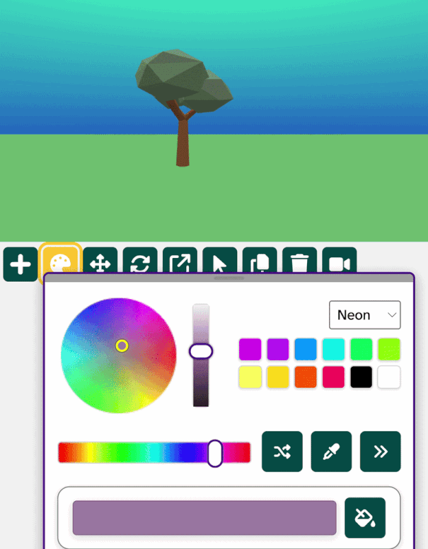 A gif of the Flock XR colour gizmo. Tab is being used to move between the colour wheel, slider, palettes, and squares. Arrow keys select colours. When a colour is found the C key is pressed and arrow keys move to colour the top of a tree on the canvas.