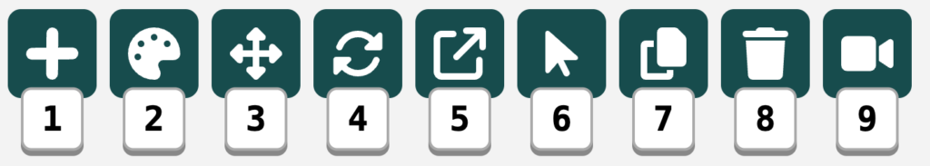 The Flock XR gizmo icons are shown. They are square icons with simple gizmo pictorial representation. Below each icon is an image of a specific number key.