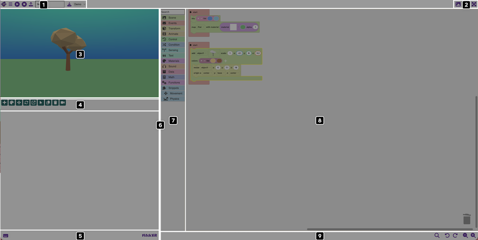 The Flock XR interface with a semi transparent overlay. Each part of the interface is separated with white borders. Each part also has a white number in a black box over the top of it. The numbers start at 1 in the top left to 9 in the bottom right.