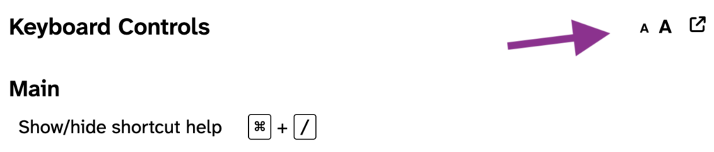 The Flock XR Keyboard Controls menu with an arrow pointing to the top right where there is a small 'A' and a large 'A' next to each other.