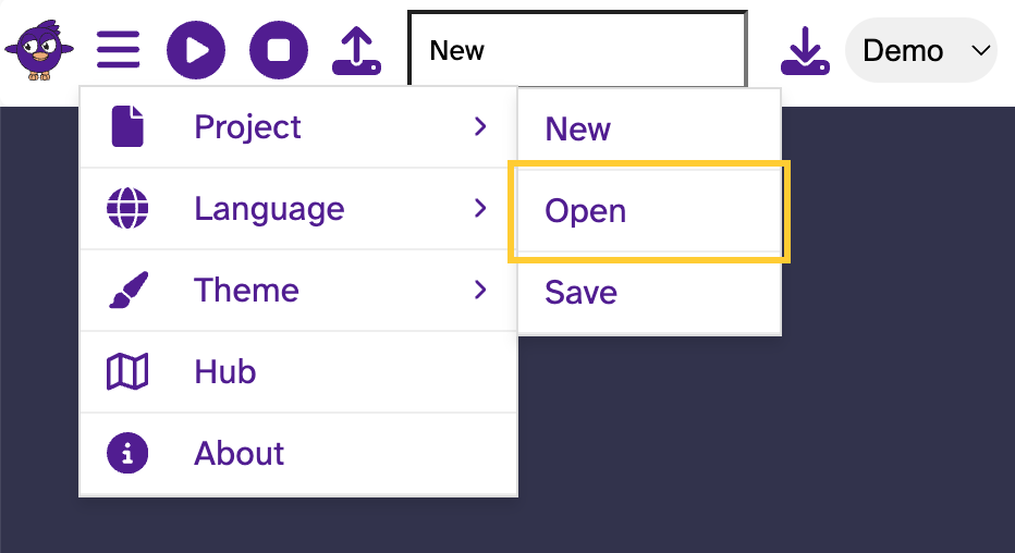The Flock XR main menu is expanded. The top item 'Project' is expanded to the right. The Project submenu shows New, Open, and Save options. Open is highlighted as shown by a yellow box.