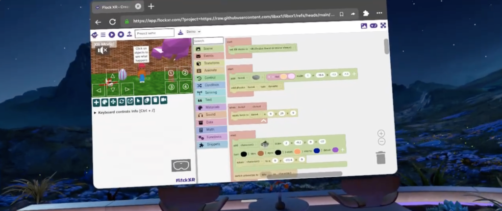 The VR web browser is open and is viewed as a flat screen in front of the  VR headset view. It only takes up part of the VR headset view.