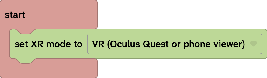 The Flock XR Start block has a VR block inside it. The Flock XR block says 'set XR mode to VR (Oculus Quest or phone viewer)