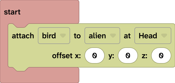 A start block with an attach object to object block. This version attaches at the head with no offset.