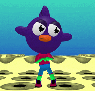 A gif showing an alien with a bird head. tHe bird is moving with the alien as it dances so is in sync with the bone in the aliens head.