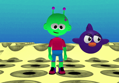 A gif of an alien waling through a 3d world. The bird follows but always faces forwards regardless of the direction the alien faces.
