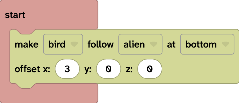 A start block with a make object follow object block. This block is set to follow at bottom with an x offset of 3.