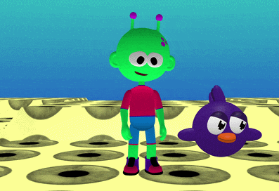 A gif showing an alien walking through a 3D world. A bird moves with the alien and turns with the alien so always faces the same direction and appears on the same side of the alien.