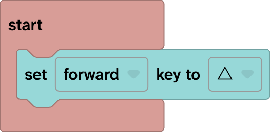 A Flock XR start block with a set forward key to up arrow block inside. The word forward and the arrow key have dropdown options on them.