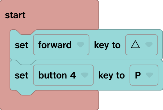A Flock XR start block with two set forward key to blocks inside. One sets forward to the up arrow and the other sets button 4 to P
