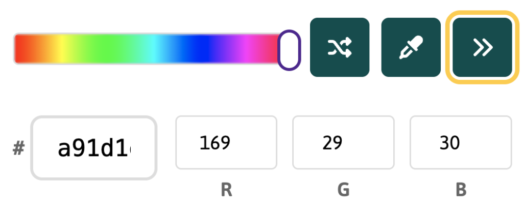 The advanced icon is highlighted showing four text input boxes for HEX, Red, Green, and Blue values