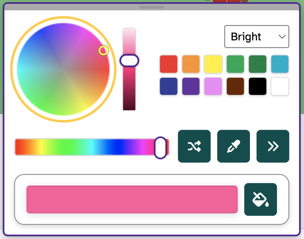 The colour palette gizmo showing multiple ways to select a colour including colour wheel, brightness slider, and colour squares. 