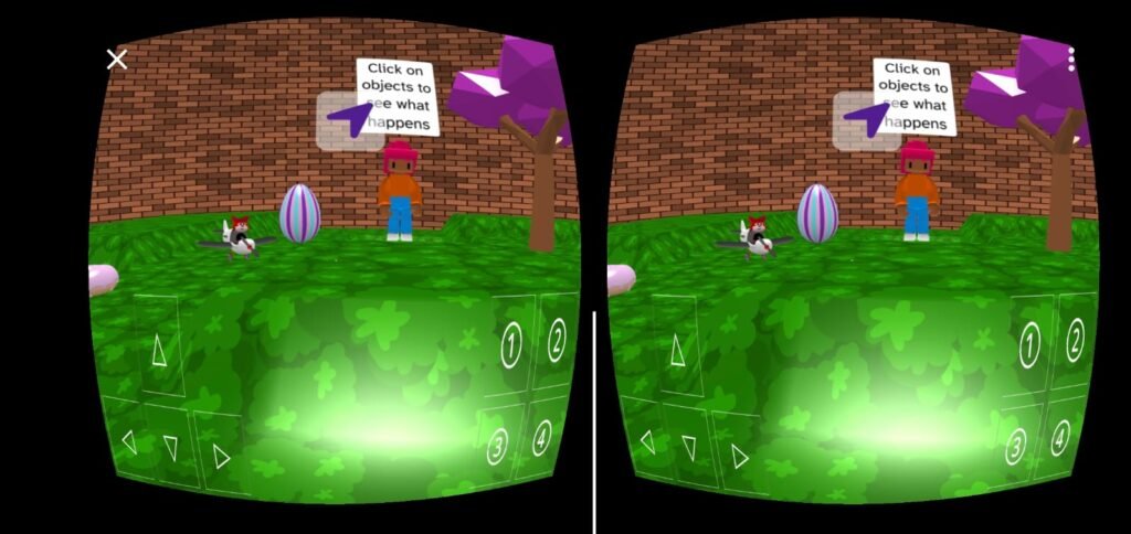 A Flock XR world viewed through both lens of a phone-based VR viewer.