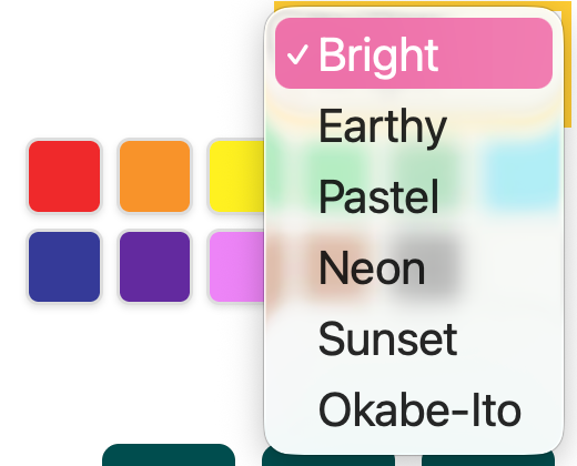 A list of colour palettes: bright, earthy, pastel, neon. sunset, okabe-ito