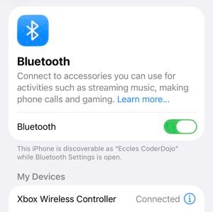 The bluetooth device menu showing My devices and a connected Xbox Wireless Controller.