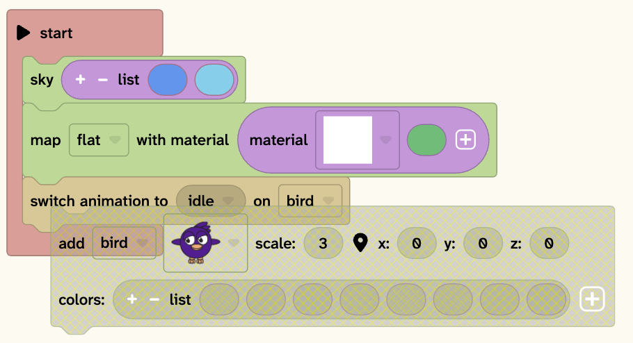 A Flock XR stack of code with one block detached from the stack. The detached block sits slightly to the right of the rest and is semi-transparent single colour with a checked background