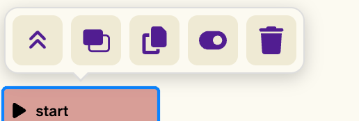 The start block with a block tools menu above it with 5 icons.
